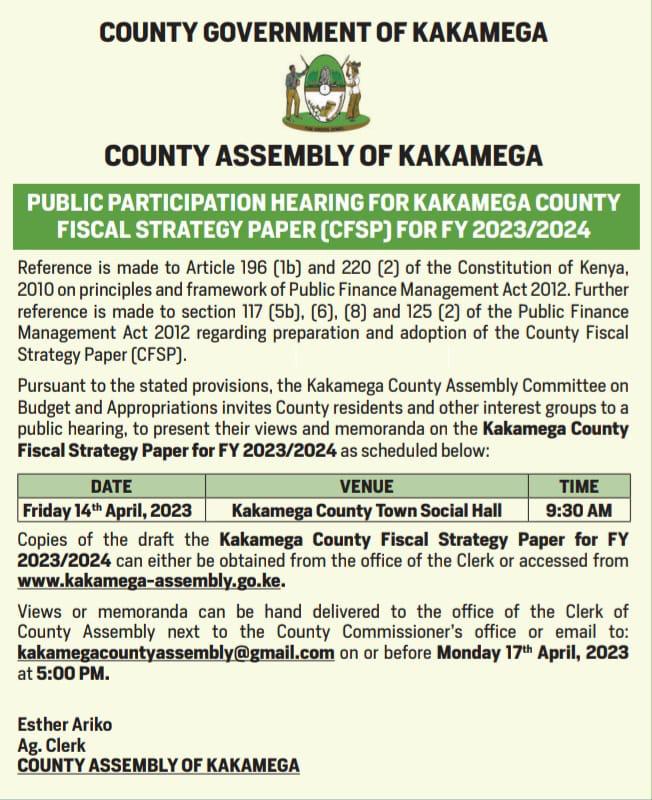 Public Participation Hearing for Kakamega County Fiscal Strategy Paper CFSP) for FY 2023/2024